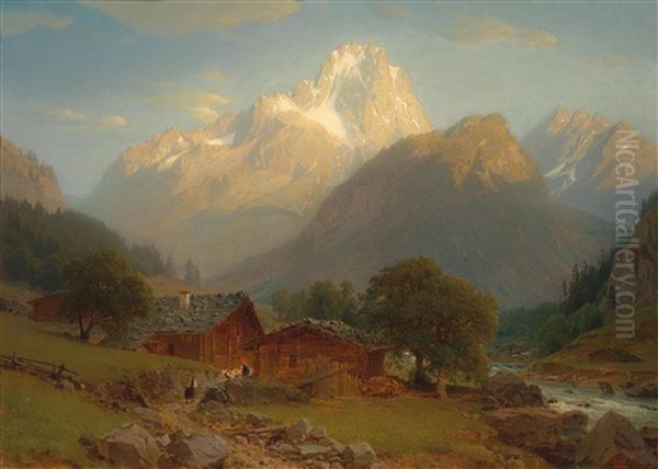 Late Afternoon On The Alm Oil Painting by Johann Jakob Vollweider