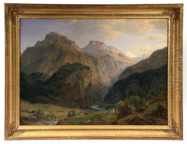 Alpine Valley Oil Painting by Johann Jakob Vollweider