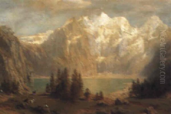 An Alpine Lake Scene Oil Painting by Johann Jakob Vollweider