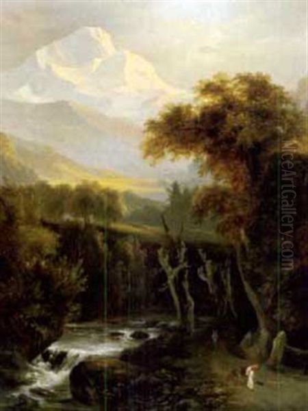 Gebirgslandschaft Mit Figuren Am Flusschen Oil Painting by Carl Franz Rudolf Volmar