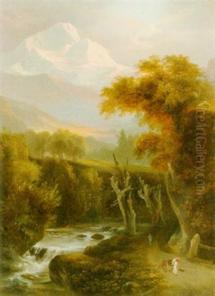 Gebirgslandschaft Mit Fluss Und Staffagefiguren by Carl Franz Rudolf Volmar