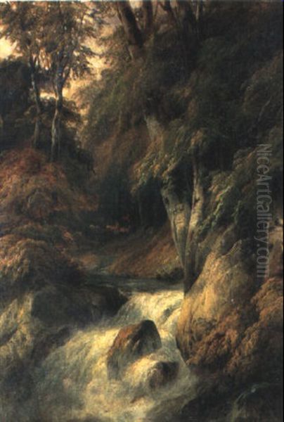 Gebirgswald Mit Wasserfall Und Rehen Oil Painting by Carl Franz Rudolf Volmar