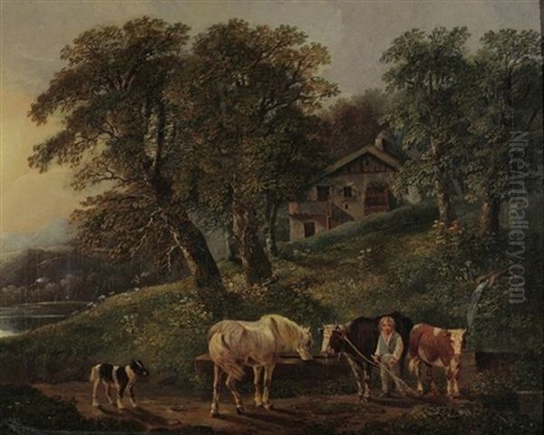 Hirtenjunge Mit Tieren An Der Tranke Oil Painting by Johann Georg Volmar