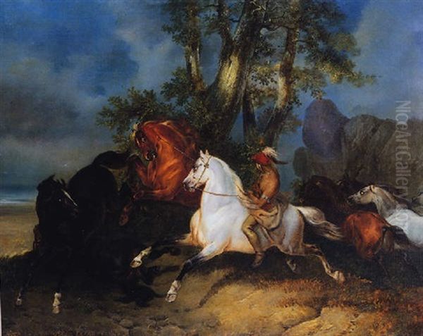 Indianer Beim Einfangen Von Wildpferden Oil Painting by Johann Georg Volmar