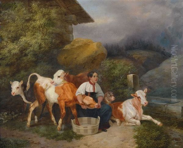 Berglandschaft Mit Bauerin Und Ihren Kuhen Oil Painting by Joseph Simon Volmar