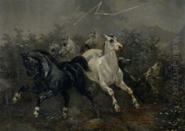 Von Blitz Und Donner Aufgeschreckte Pferde Oil Painting by Joseph Simon Volmar