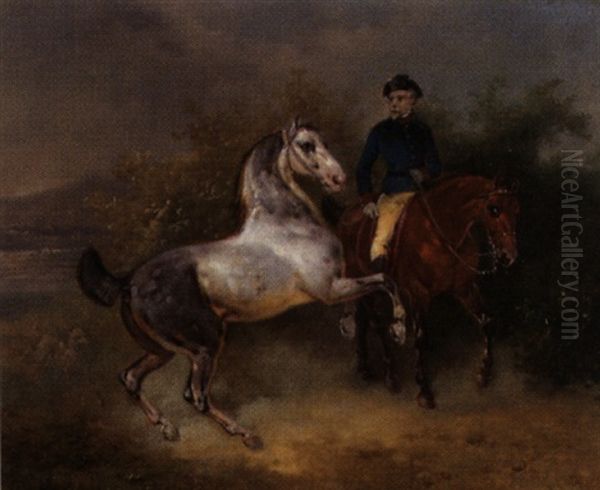 Ausritt Mit Zwei Pferden Und Hund Oil Painting by Joseph Simon Volmar