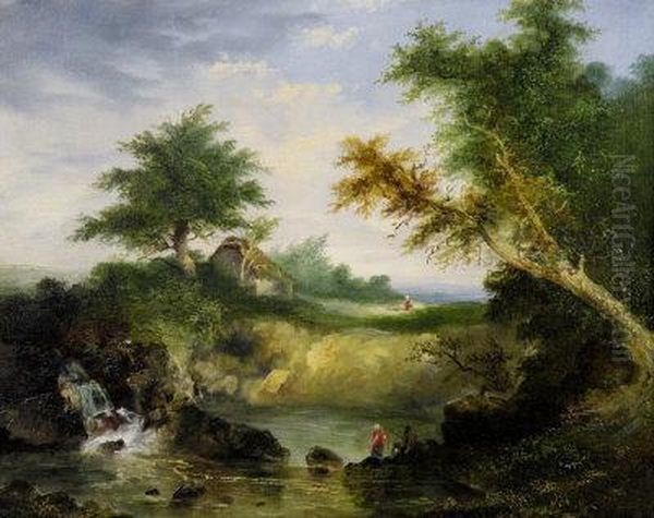 Anglers In A Wooded River Landscape Oil Painting by S. Bright