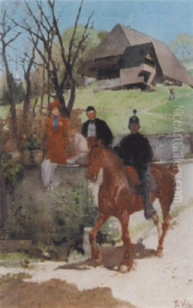 Dragoner Zu Pferd In Vorfruhlingslandschaft Oil Painting by Theodor Volmar