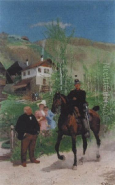 Dragoner Zu Pferd In Sommerlicher Landschaft Oil Painting by Theodor Volmar