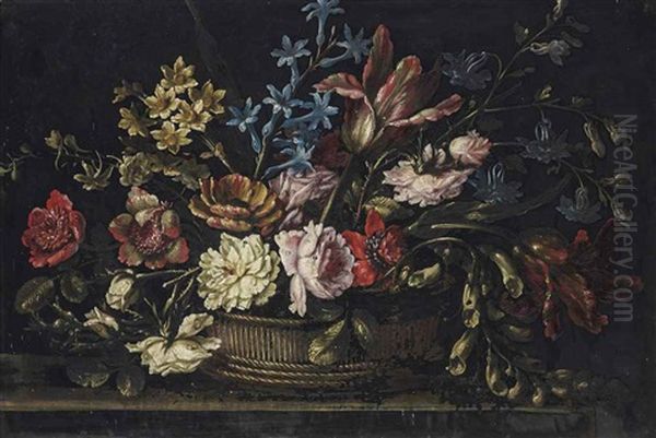 Parrot Tulips, Roses, Morning Glories And Other Flowers In A Basket Oil Painting by Francesco Volo