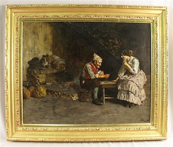 Couple Playing Cards Oil Painting by Vincenzo Volpe