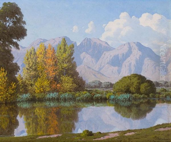 Nature Mirrors Drakenstein Mountains (paarl) Oil Painting by Jan Ernst Abraham Volschenk