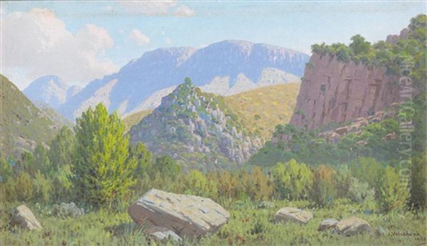 Two Landscapes: 1. 'kloof En Berg (vette River Valley), Riversdale'; 2. 'in The Gorge Of Garcia's Pass, Riversdale' Oil Painting by Jan Ernst Abraham Volschenk