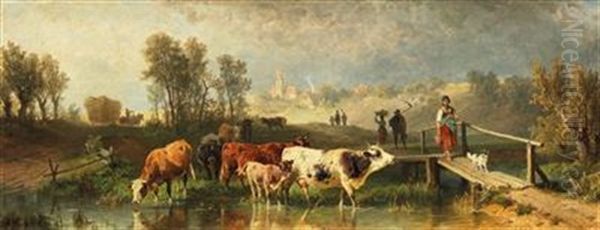 A Shepherdess And Her Cattle Oil Painting by Johann Friedrich Voltz