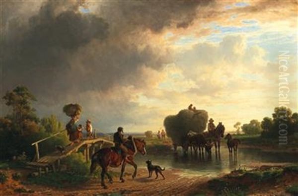 Returning Home From The Field Before The Approaching Storm Oil Painting by Johann Friedrich Voltz