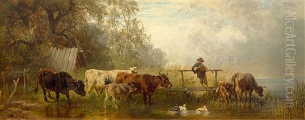 Hirtenbub Am Steg Mit Kuhen Und Enten Im Wasser Oil Painting by Johann Friedrich Voltz