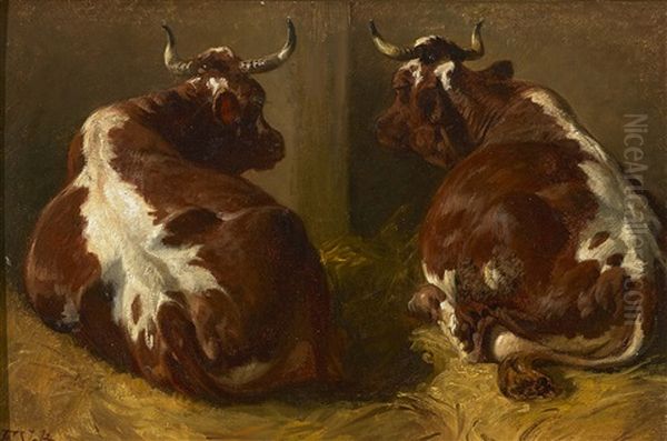 Zwei Liegende Kuhe Im Stall Oil Painting by Johann Friedrich Voltz