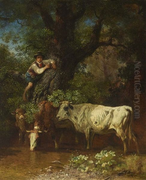 Hirte Mit Rindern Am Wasser Oil Painting by Johann Friedrich Voltz