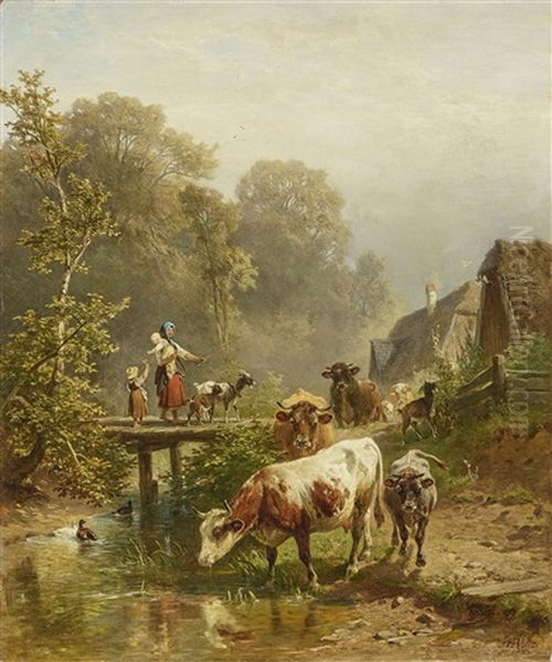 Female Drover With Children On A Bridge Oil Painting by Johann Friedrich Voltz