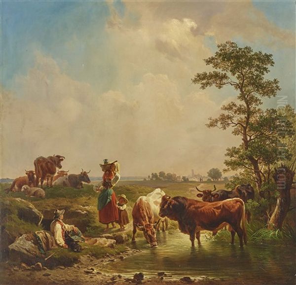 Shepherd Family With Cattle At The Stream Oil Painting by Johann Friedrich Voltz