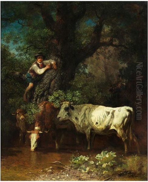 Beim Tranken Der Kuhe Oil Painting by Johann Friedrich Voltz