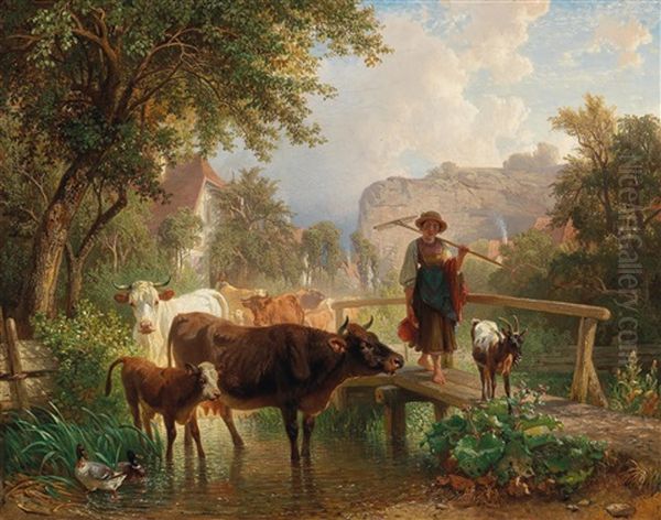 A Farmgirl And Cattle By A Cool Creek Oil Painting by Johann Friedrich Voltz