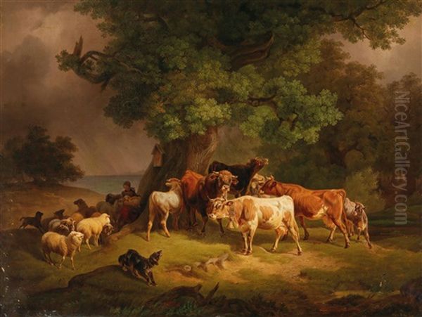 Animals Seeking Shelter Under An Oak Tree Oil Painting by Johann Friedrich Voltz