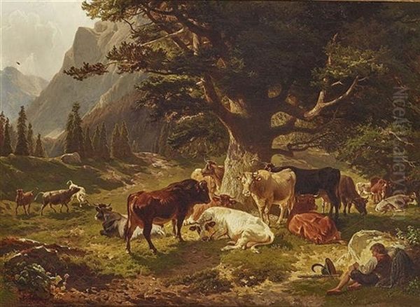 Resting Shepherd With Herd Of Cows Oil Painting by Johann Friedrich Voltz