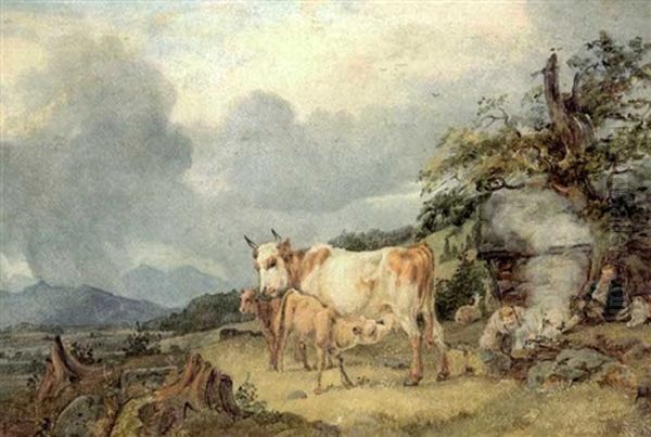 Kuh Mit Ihren Kalbchen Vor Einer Berglandschaft Oil Painting by Johann Michael (Volz) Voltz