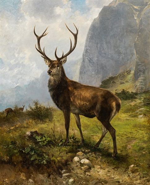 Deer In A Mountainscape Oil Painting by Ludwig Gustav Voltz