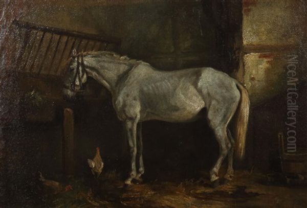 Schimmel Im Stall An Der Krippe Stehend Oil Painting by Ludwig Gustav Voltz