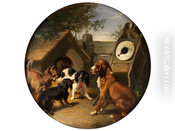 Vier Hunde Vor Einer Hutte Oil Painting by Ludwig Gustav Voltz