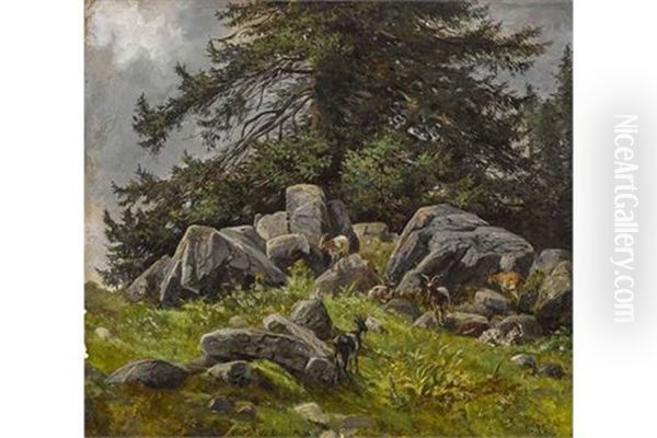 Ziegen In Felsiger Landschaft Oil Painting by Ludwig Gustav Voltz