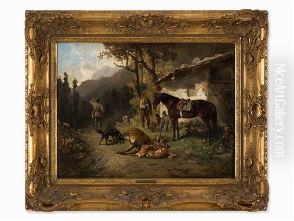 Hunting Scene Oil Painting by Ludwig Gustav Voltz