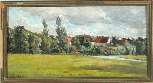 Landschaft Mit Flusslauf Und Blick Auf Ein Dorf Oil Painting by Richard Voltz