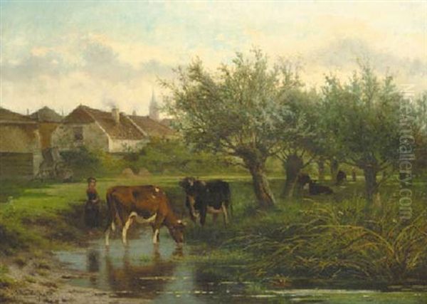 A Cowherdess Watering Cows By Willow Trees Oil Painting by Jan Volyk