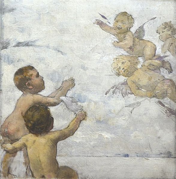 Palme Und Fliegender Putto - Funf Putti Oil Painting by Wilhelm Volz