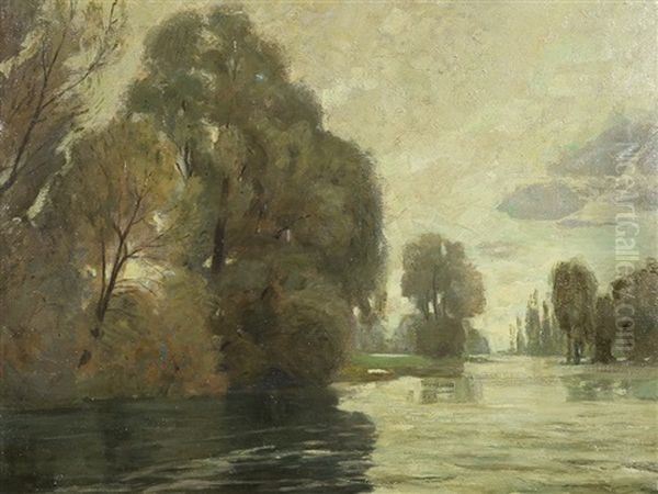 Lakeside Landscape Oil Painting by Wilhelm Volz