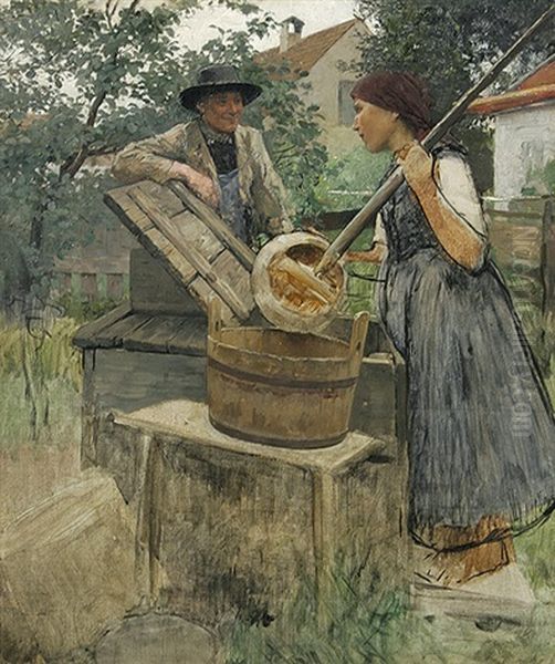 Das Gesprach. Bauernmagd Beim Reinigen Von Gefasen Vor Einem Gehoft, Daneben Ein Junger Bauer (study) Oil Painting by Wilhelm Volz