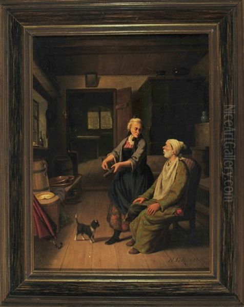 Der Verschlafene Gatte Im Morgenrock Sitzt In Der Kuche, Wahrend Seine Frau Das Rasiermesser Wetzt. Die Hauskatze Beobachtet Das Szenario Oil Painting by Hermann Volz