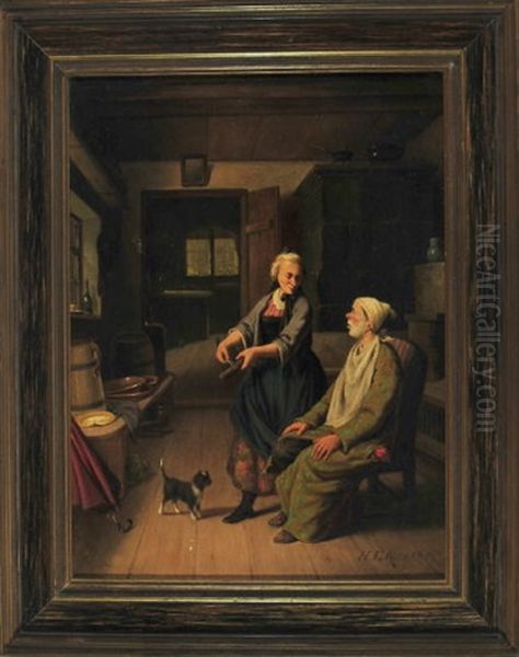 Der Verschlafene Gatte Im Morgenrock Sitzt In Der Kuche, Wahrend Seine Frau Das Rasiermesser Wetzt - Die Hauskatze Beobachtet Das Szenario Oil Painting by Hermann Volz