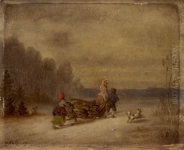 Bauernfamilie Mit Hundchen Auf Einem Schlitten Holz Heimfuhrend Oil Painting by Hermann Volz