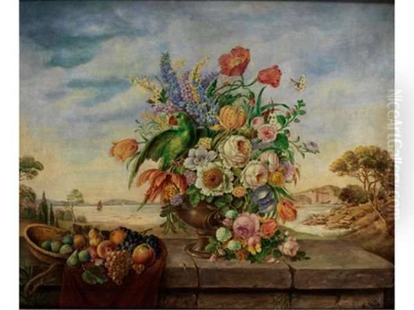 Blumenstillleben Mit Fruchten Und Papagei Vor Landschaft Oil Painting by Bruno von Wahl