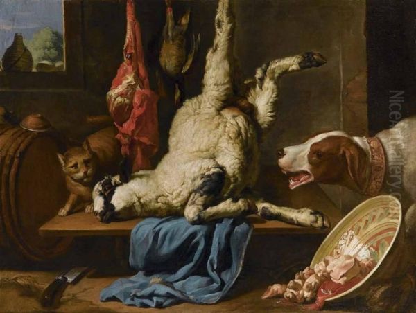 Natura Morta Con Pecora, Cane E Gatto Oil Painting by Giovanni Francesco Briglia