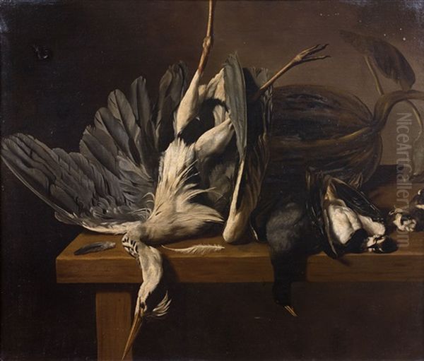 Nature Morte Au Heron Cendre, Grebe, Poule D'eau Et Geai Des Chenes Sur Un Entablement by Elias Vonck