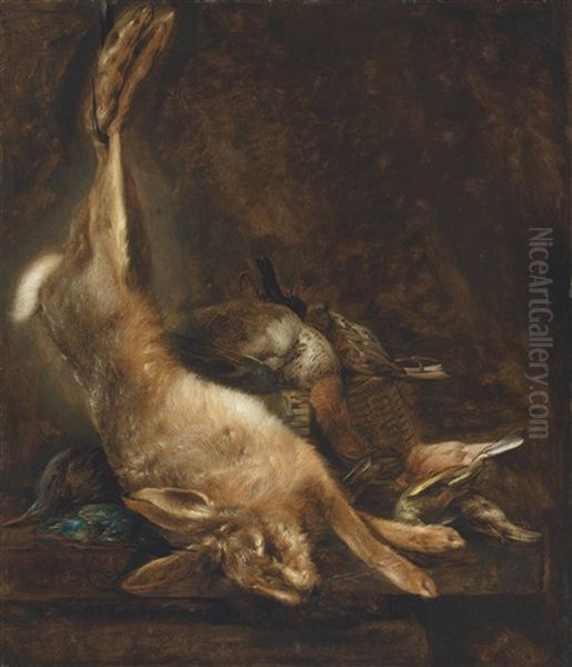 A Hare, A Teal, A Kingfisher And Songbirds On A Stone Ledge Oil Painting by Elias Vonck