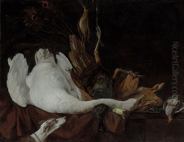 A Swan, A Peacock, A Hare, A Canary And Other Fowl On A Ledge Oil Painting by Elias Vonck