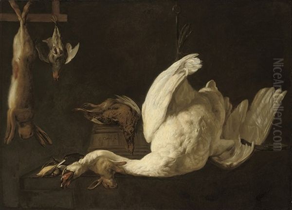 A Still Life Of A Swan Suspended From A Hook, A Hare, A Grey Partridge, A Pheasant On A Barrel And A Rabbit And Song Birds On A Stone Ledge Oil Painting by Elias Vonck