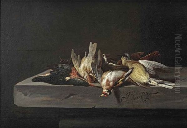 A Gold Finch, A Common Kingfisher And A Hooded Siskin, All On A Stone Ledge Oil Painting by Jacobus Vonck